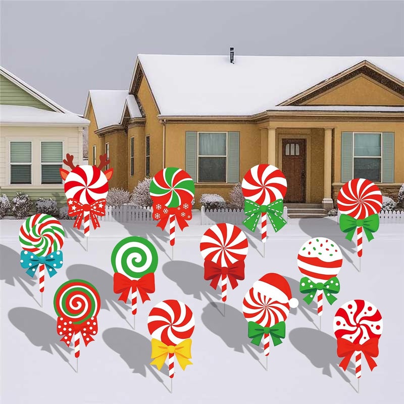 PhyLence 12-Piece Christmas Lollipop Yard Signs with Stakes Decorations – Assorted Candy Cane Peppermint Designs 14 Inches Large Outdoor Holiday Candy Signs for Garden, Lawn, Driveway, and Christmas Party Favor - Image 1